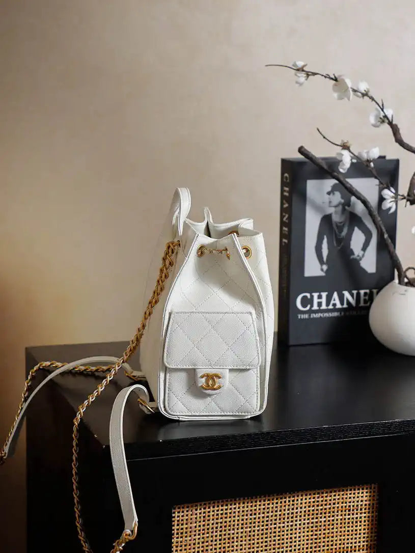 Chanel 25 AS5600 Medium Backpack Grained Calfskin & Gold-Tone Metal White