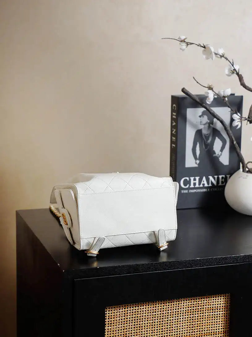 Chanel 25 AS5600 Medium Backpack Grained Calfskin & Gold-Tone Metal White