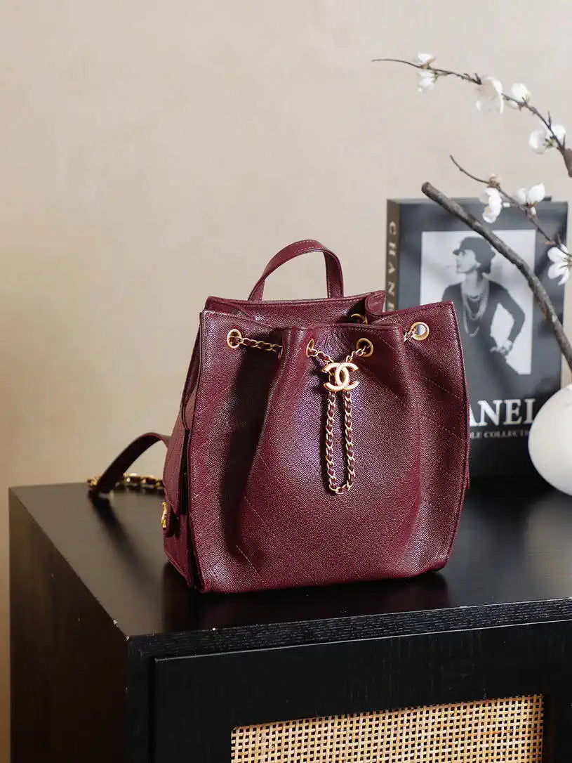 Chanel 25 AS5600 Medium Backpack Grained Calfskin & Gold-Tone Metal Wine Red
