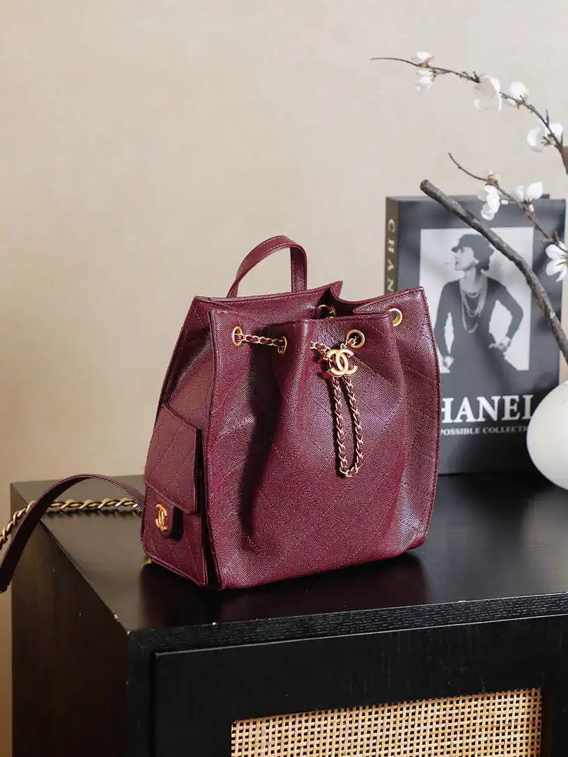 Chanel 25 AS5600 Medium Backpack Grained Calfskin & Gold-Tone Metal Wine Red