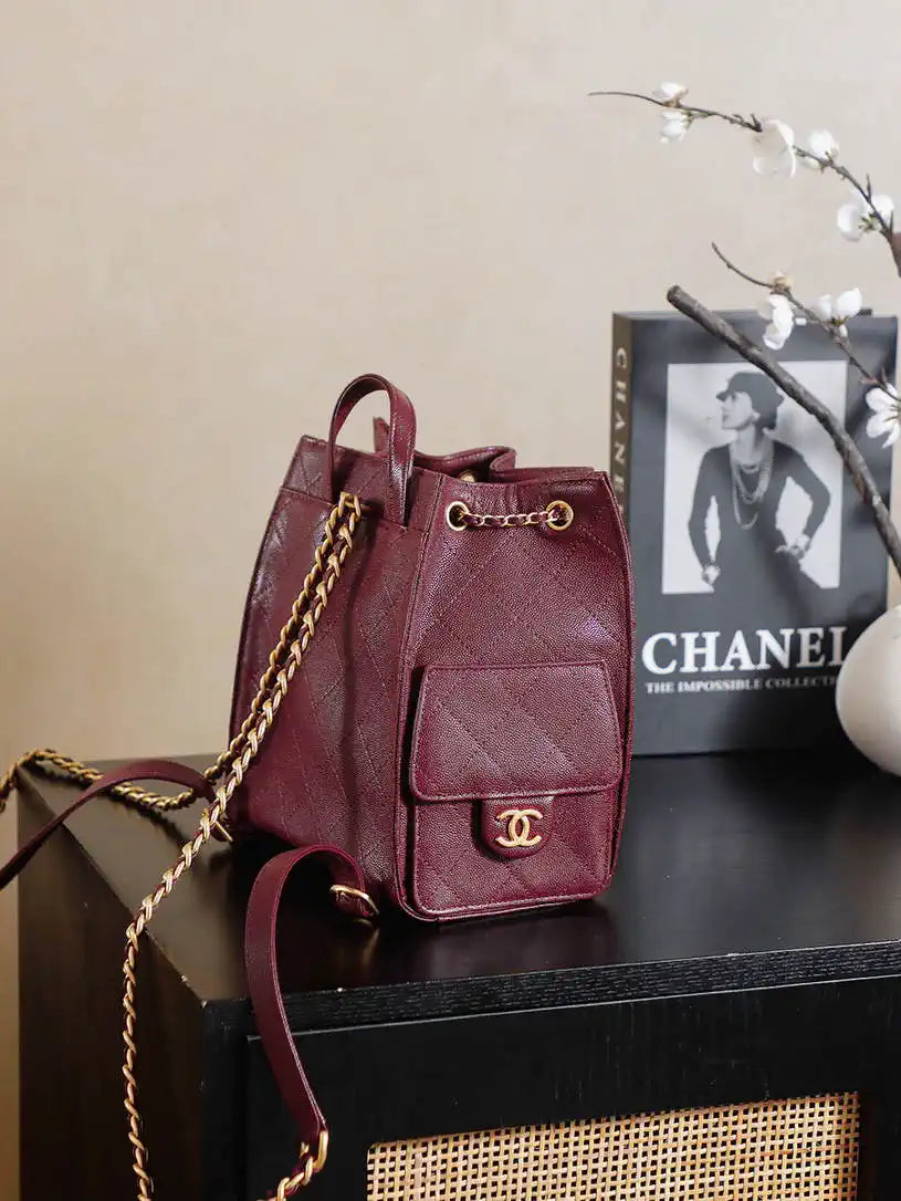 Chanel 25 AS5600 Medium Backpack Grained Calfskin & Gold-Tone Metal Wine Red