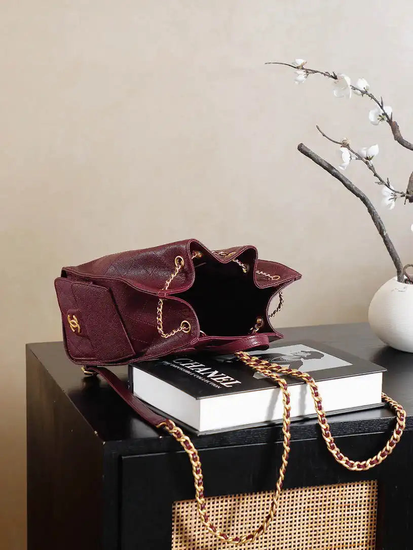 Chanel 25 AS5600 Medium Backpack Grained Calfskin & Gold-Tone Metal Wine Red