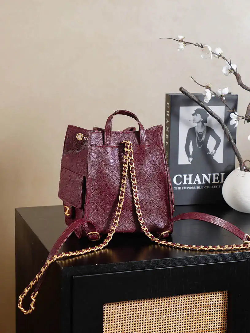 Chanel 25 AS5600 Medium Backpack Grained Calfskin & Gold-Tone Metal Wine Red