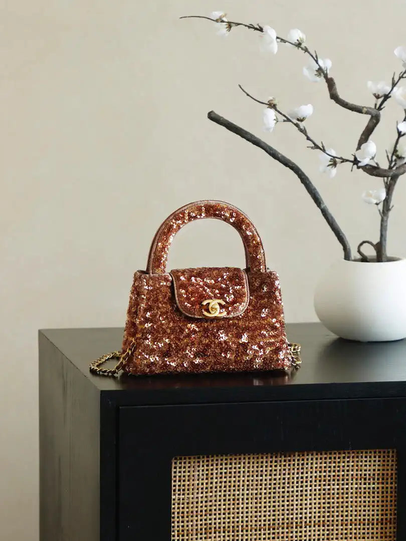 Chanel 25A AS4416 Mini Shopping Bag Kelly sequins Coffee