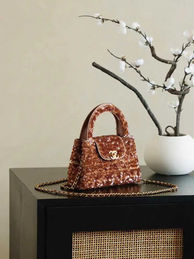 Chanel 25A AS4416 Mini Shopping Bag Kelly sequins Coffee