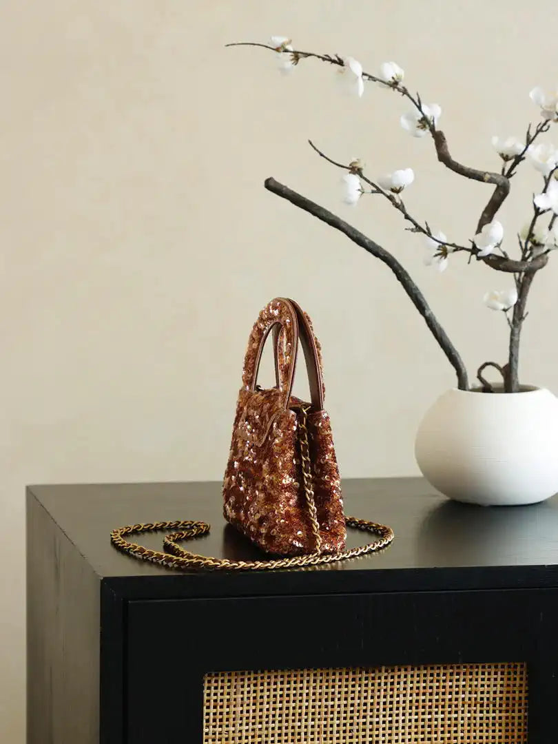 Chanel 25A AS4416 Mini Shopping Bag Kelly sequins Coffee