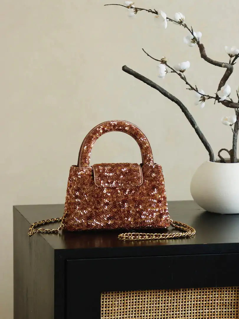 Chanel 25A AS4416 Mini Shopping Bag Kelly sequins Coffee