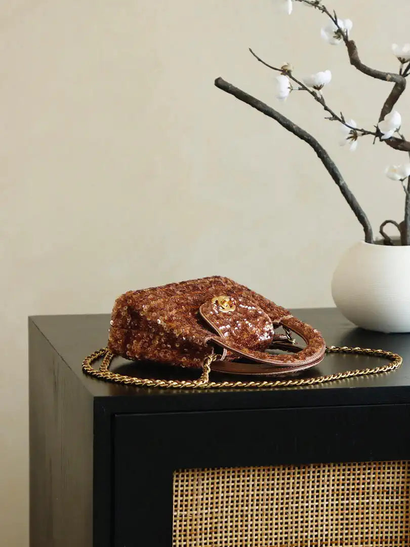 Chanel 25A AS4416 Mini Shopping Bag Kelly sequins Coffee