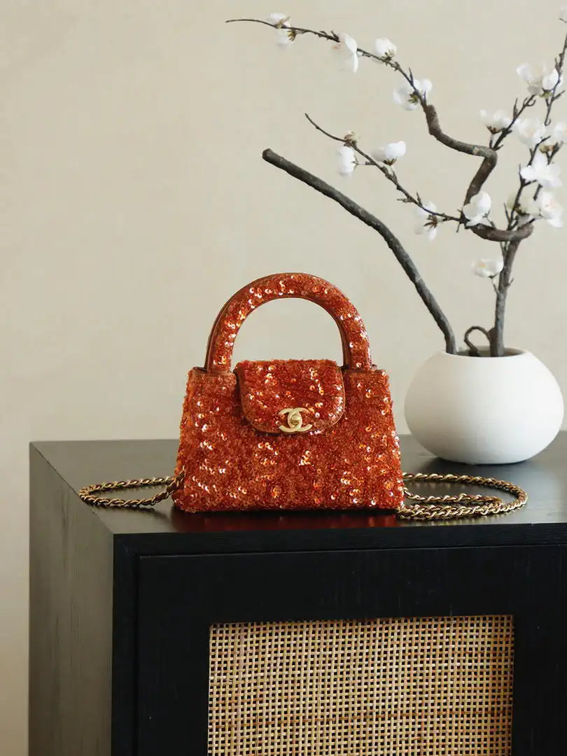 Chanel 25A AS4416 Mini Shopping Bag Kelly sequins Orange
