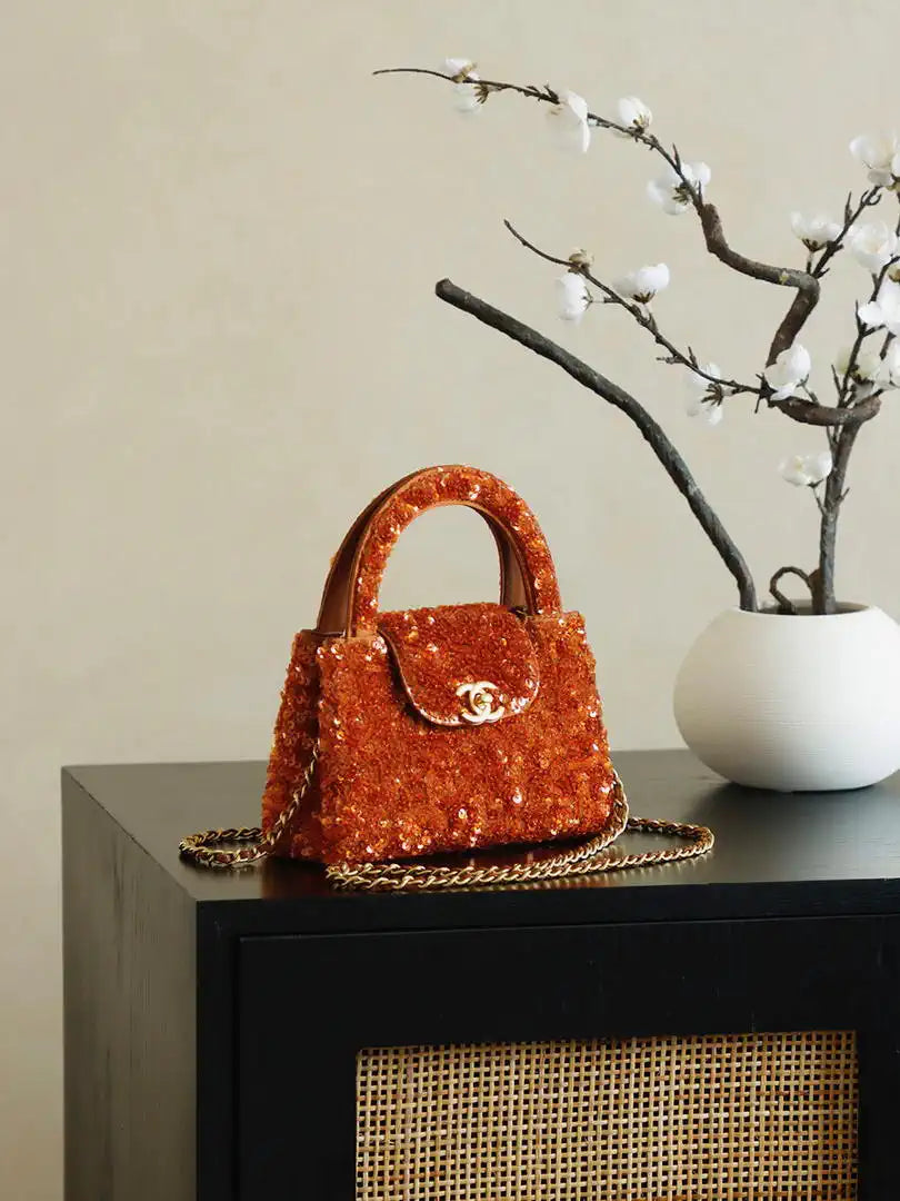 Chanel 25A AS4416 Mini Shopping Bag Kelly sequins Orange