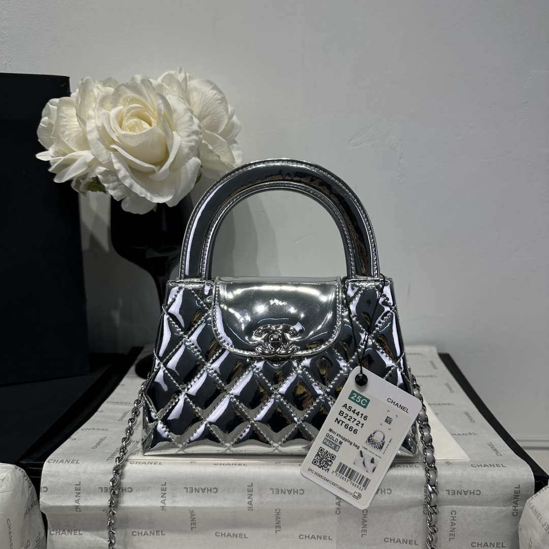 Chanel 25A AS4416 Mini Shopping Bag Mirror Calfskin Silver