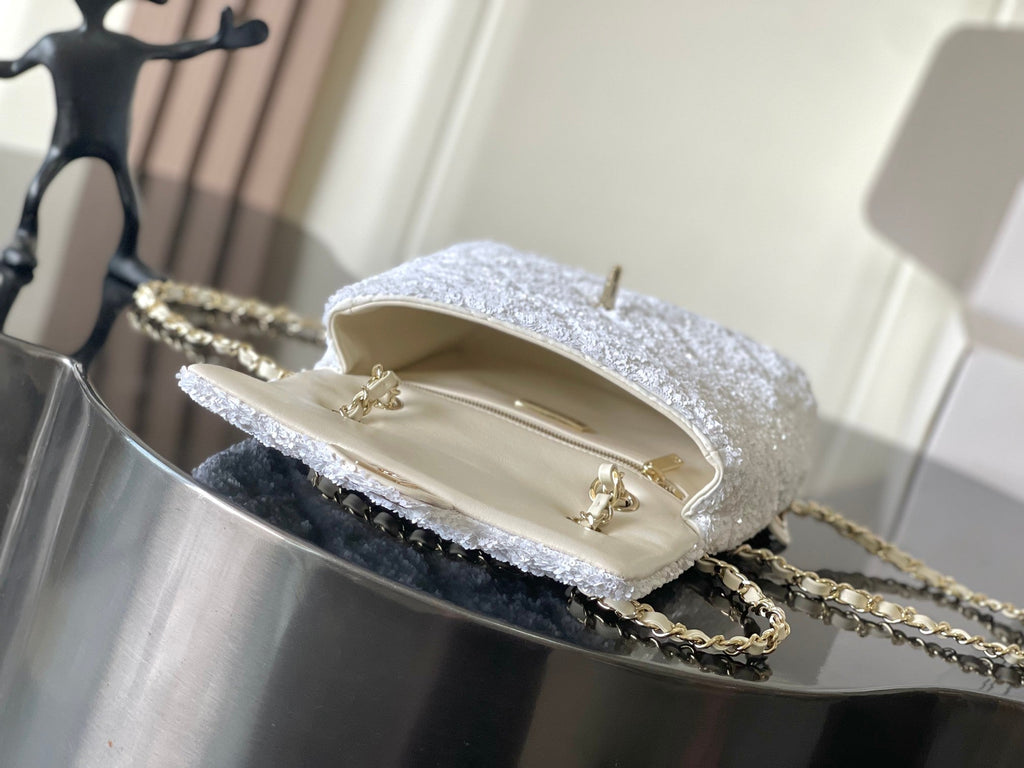 Chanel 25B Backpack Quilted Sequins & Gold-Tone Metal  AS5711 white