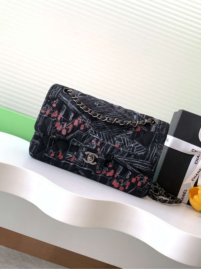 Chanel 25C A01112 Flap Bag Black Fabric Printed - Default Title - View 1