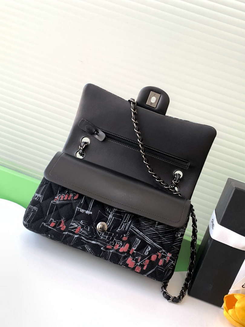 Chanel 25C A01112 Flap Bag Black Fabric Printed