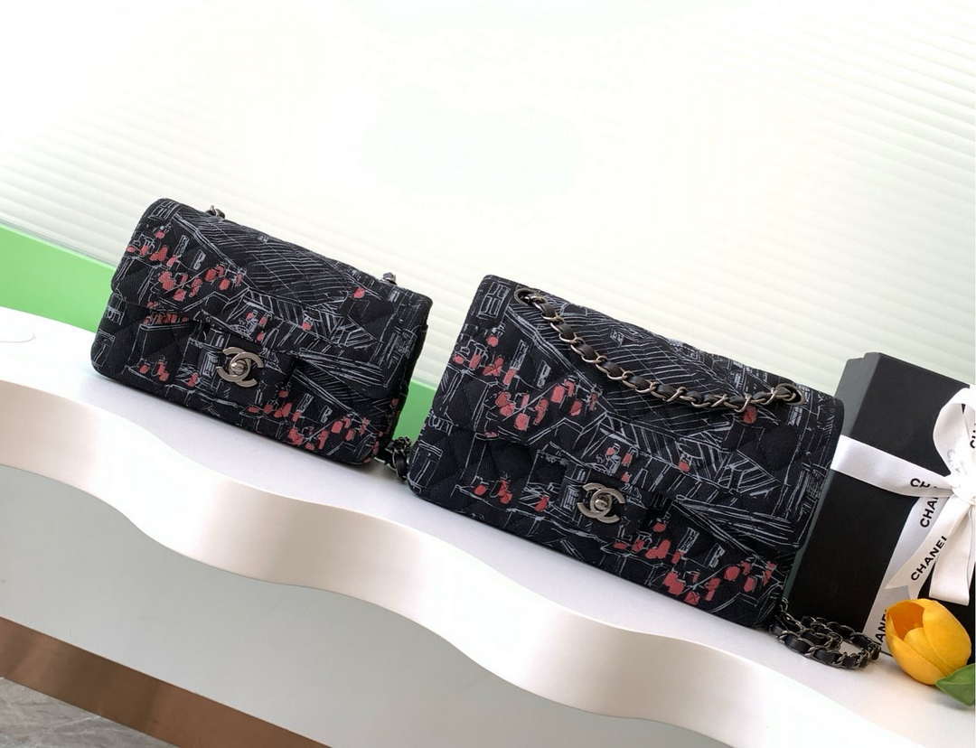 Chanel 25C A01112 Flap Bag Black Fabric Printed
