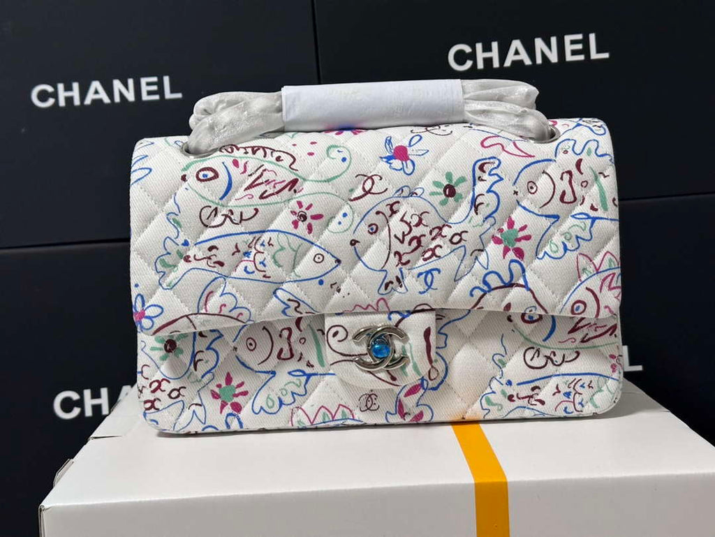 Chanel 25C A01112 Flap Bag  White  Pink Fabric Printed