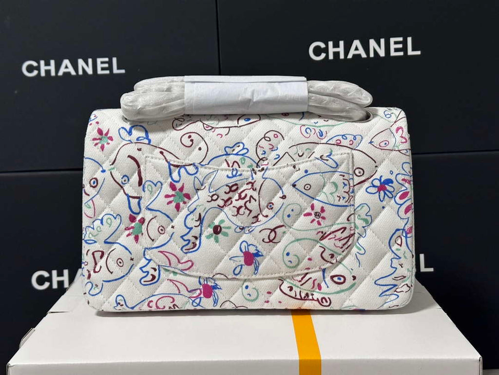 Chanel 25C A01112 Flap Bag  White  Pink Fabric Printed