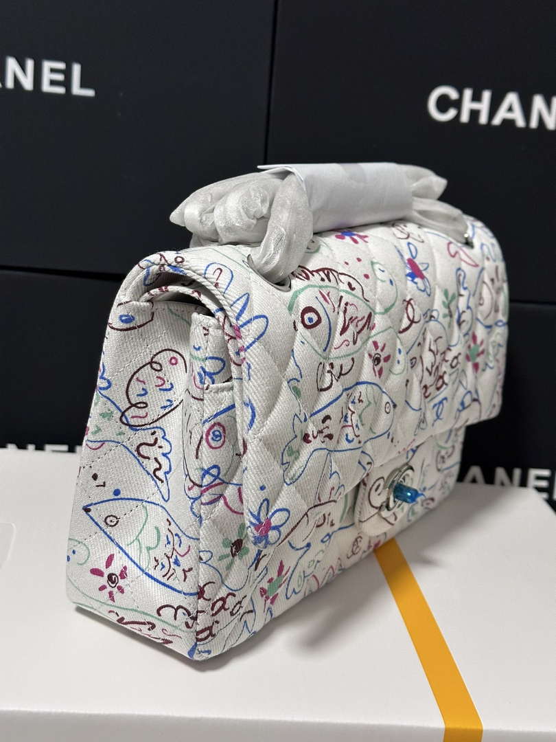 Chanel 25C A01112 Flap Bag  White  Pink Fabric Printed