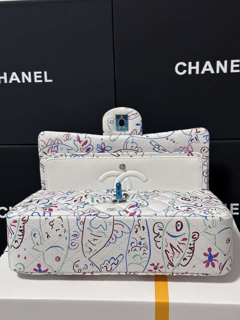 Chanel 25C A01112 Flap Bag  White  Pink Fabric Printed