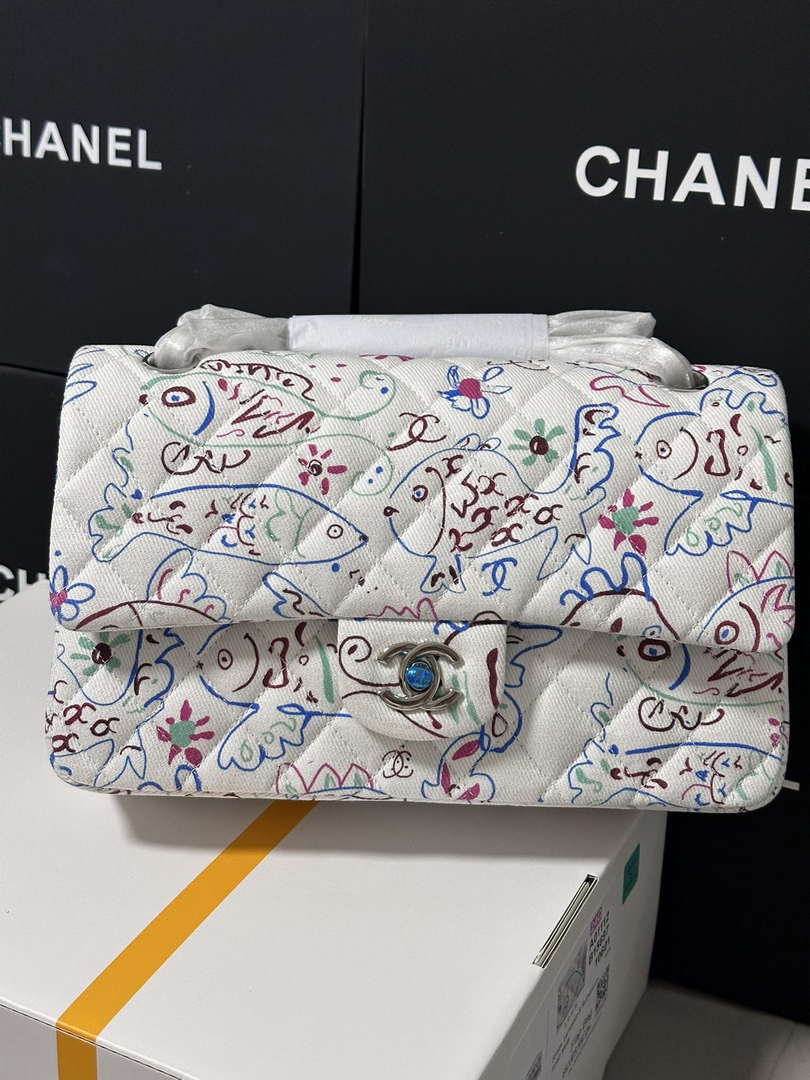 Chanel 25C A01112 Flap Bag  White  Pink Fabric Printed