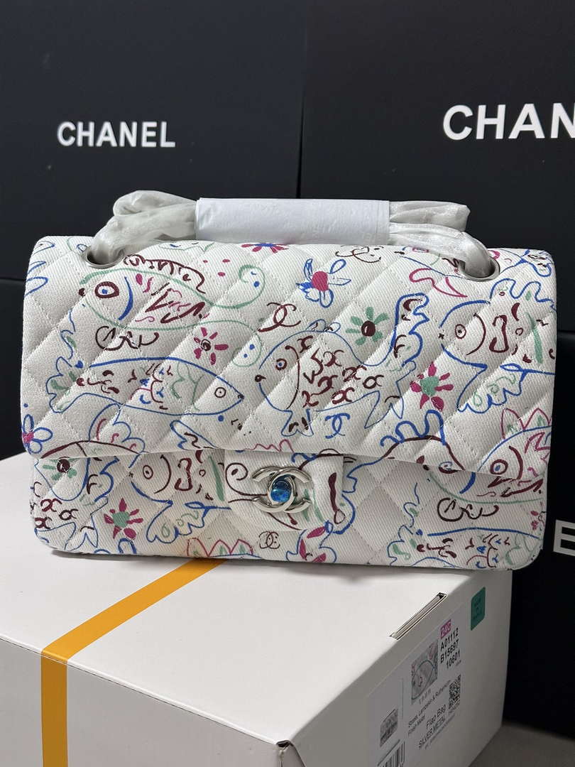 Chanel 25C A01112 Flap Bag  White  Pink Fabric Printed