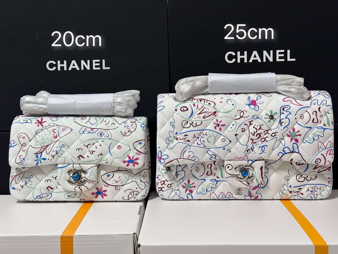 Chanel 25C A01112 Flap Bag  White  Pink Fabric Printed