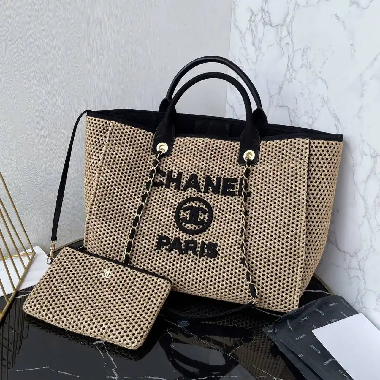 Chanel 25C A66941 Large Shopping Tote Raffia Beige & Black