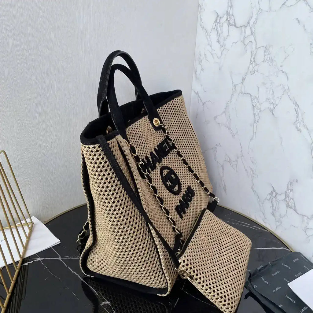 Chanel 25C A66941 Large Shopping Tote Raffia Beige & Black
