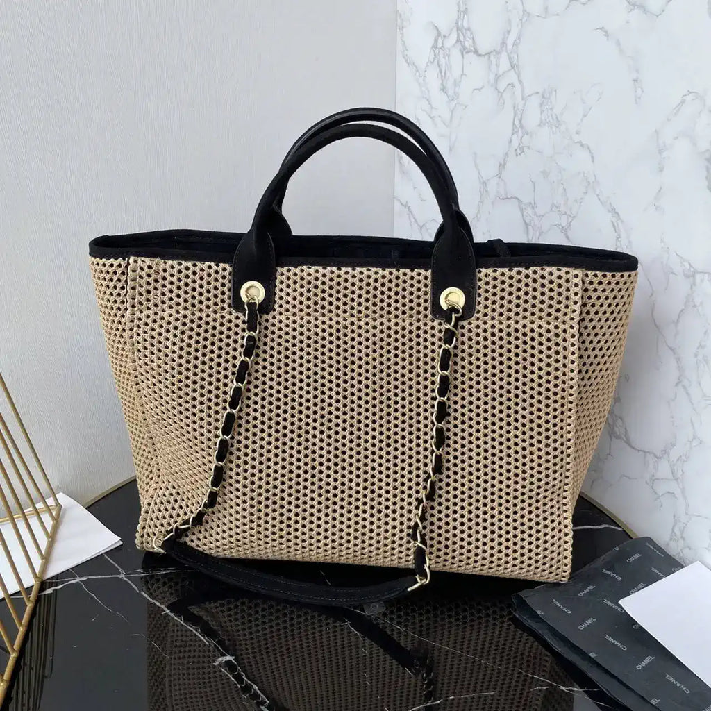 Chanel 25C A66941 Large Shopping Tote Raffia Beige & Black
