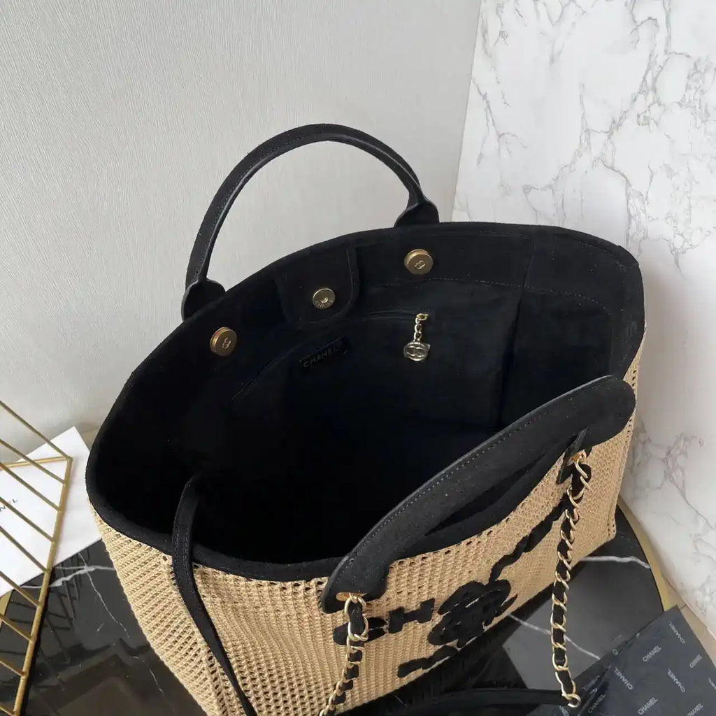 Chanel 25C A66941 Large Shopping Tote Raffia Beige & Black