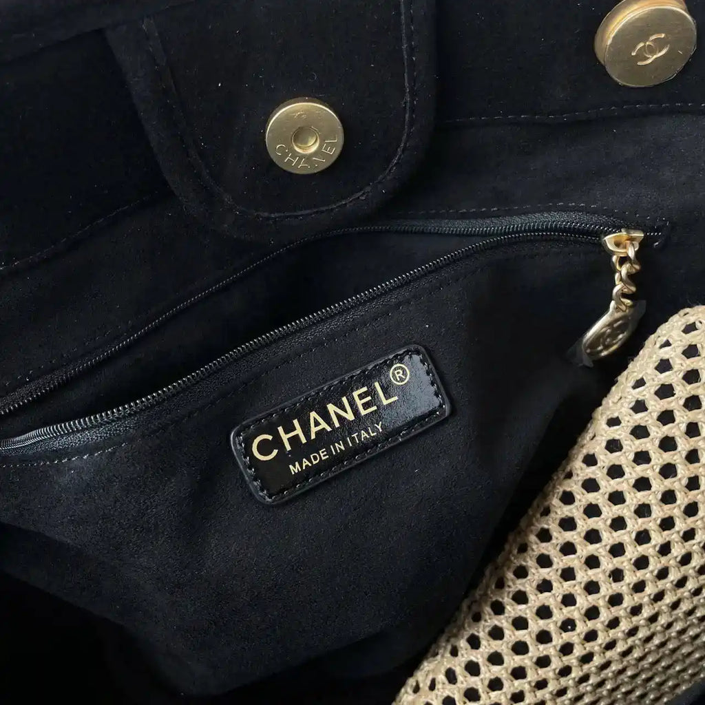 Chanel 25C A66941 Large Shopping Tote Raffia Beige & Black