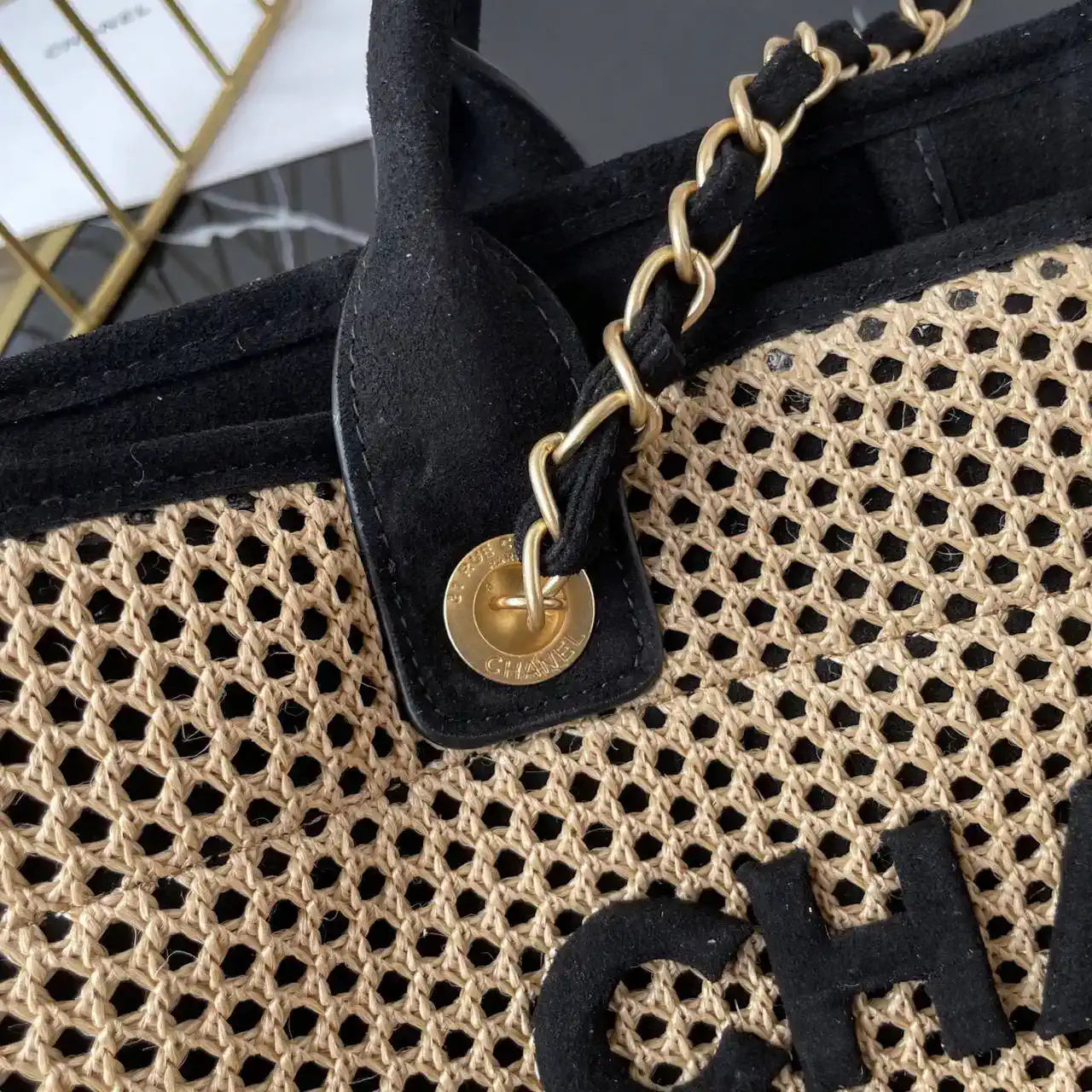 Chanel 25C A66941 Large Shopping Tote Raffia Beige & Black