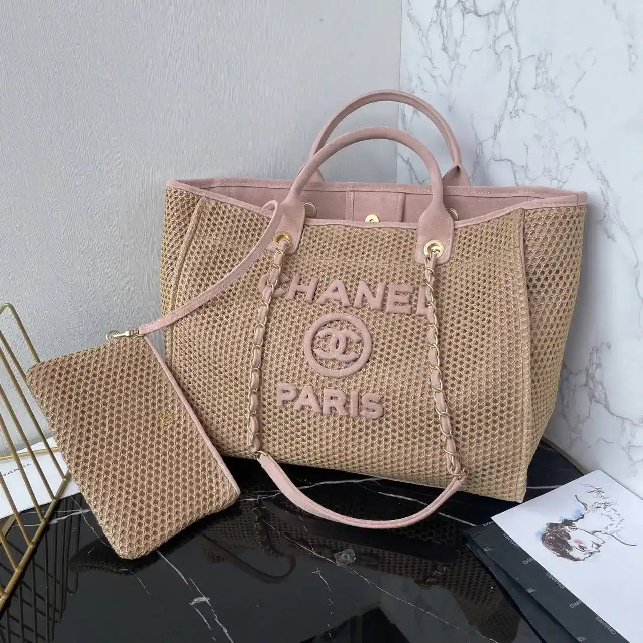 Chanel 25C A66941 Large Shopping Tote Raffia Beige & Pink