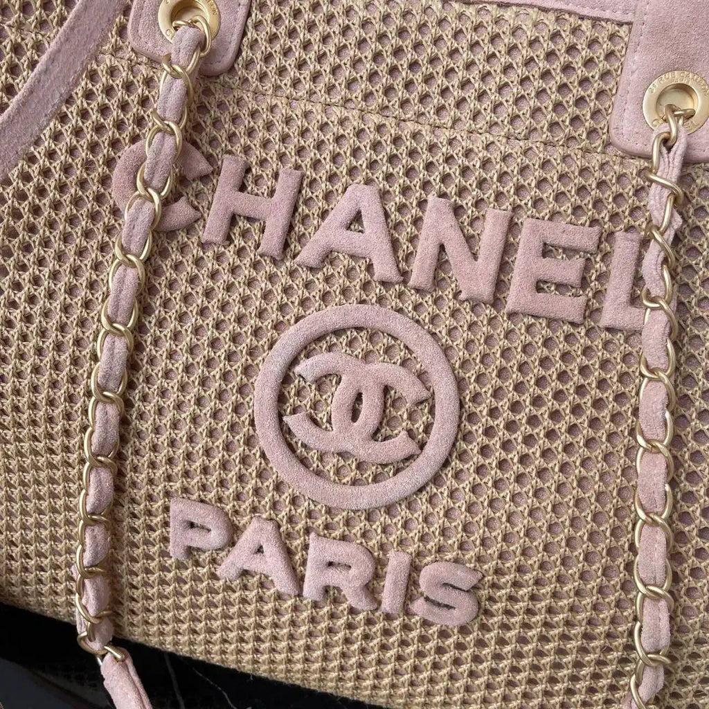 Chanel 25C A66941 Large Shopping Tote Raffia Beige & Pink