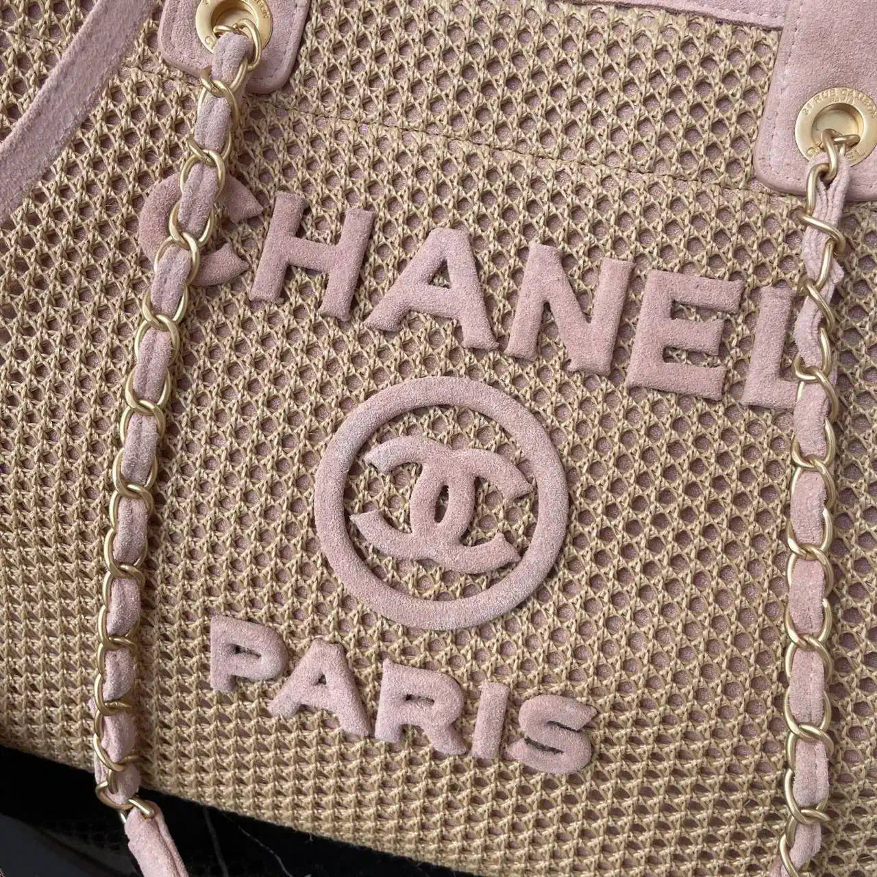 Chanel 25C A66941 Large Shopping Tote Raffia Beige & Pink