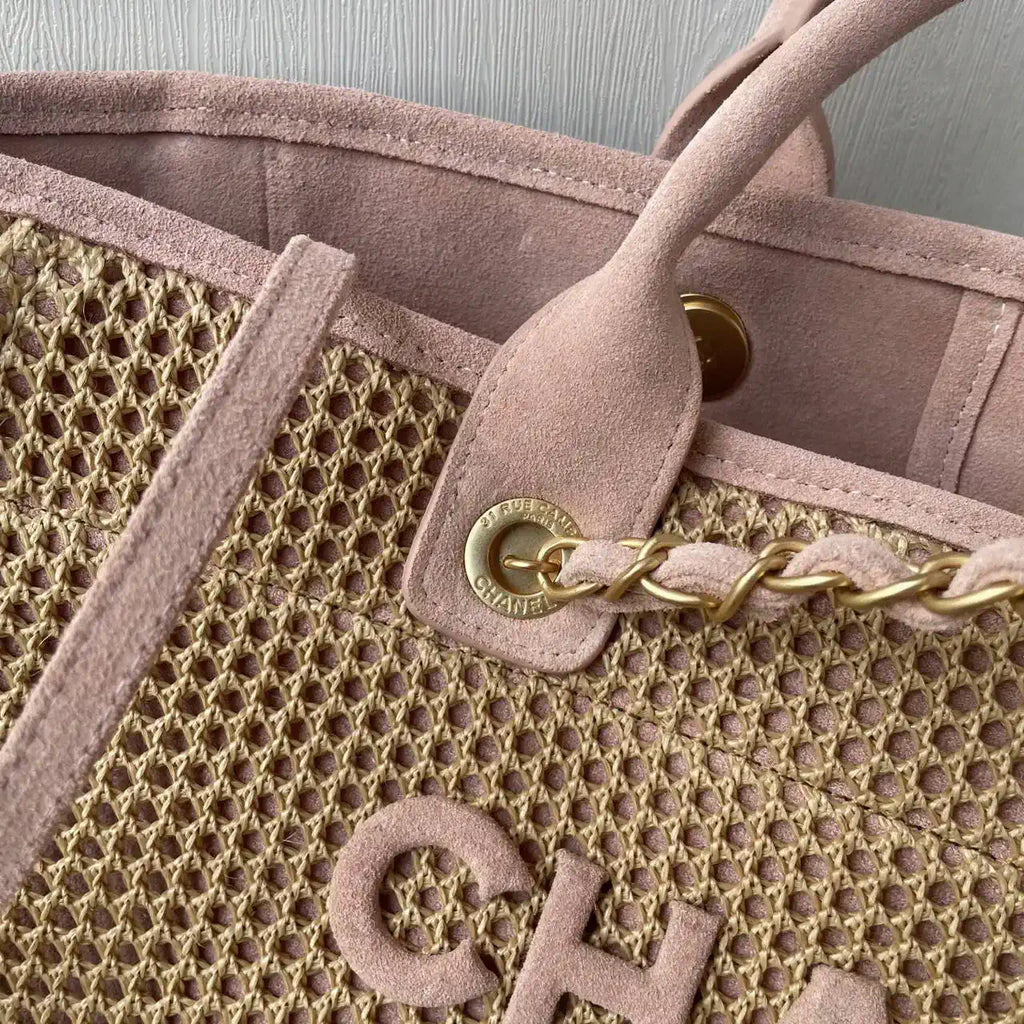 Chanel 25C A66941 Large Shopping Tote Raffia Beige & Pink