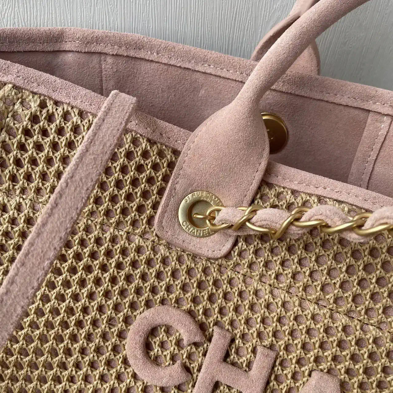 Chanel 25C A66941 Large Shopping Tote Raffia Beige & Pink
