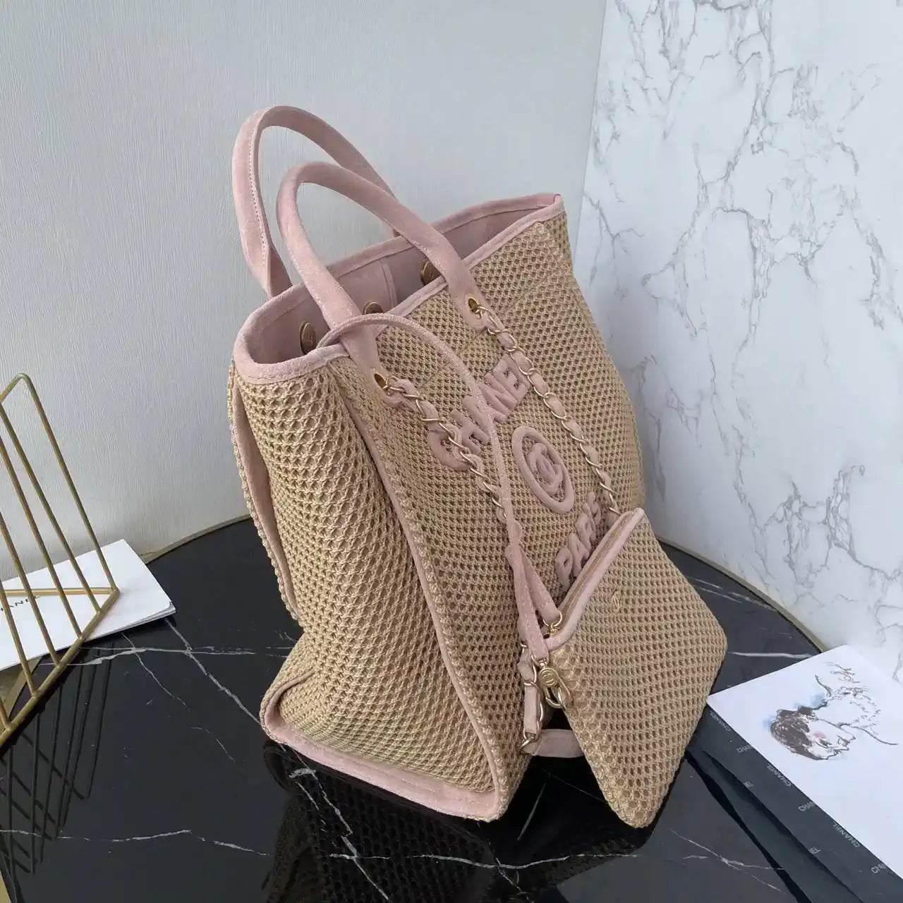 Chanel 25C A66941 Large Shopping Tote Raffia Beige & Pink