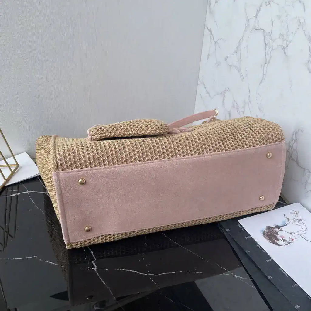Chanel 25C A66941 Large Shopping Tote Raffia Beige & Pink