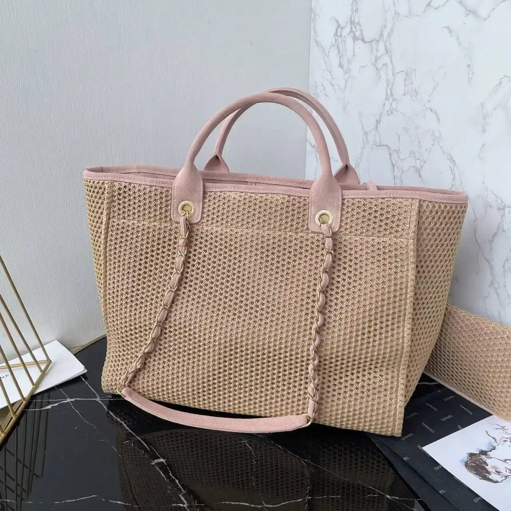 Chanel 25C A66941 Large Shopping Tote Raffia Beige & Pink