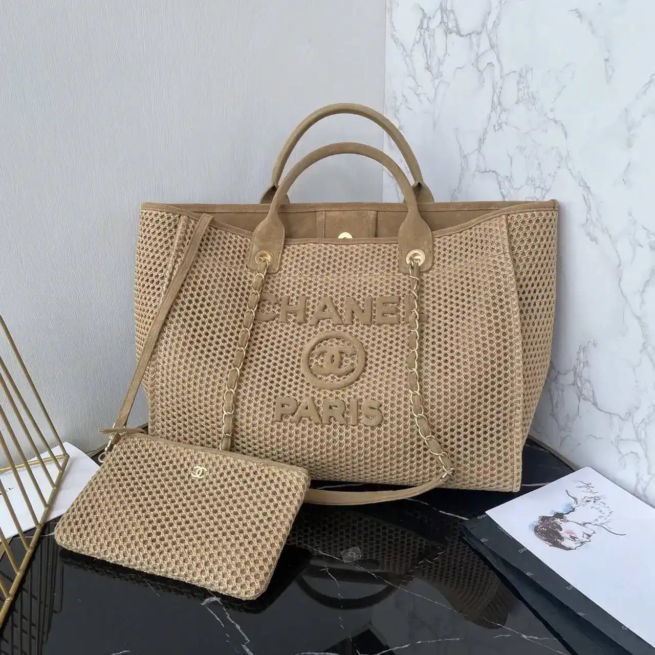 Chanel 25C A66941 Large Shopping Tote Raffia Beige