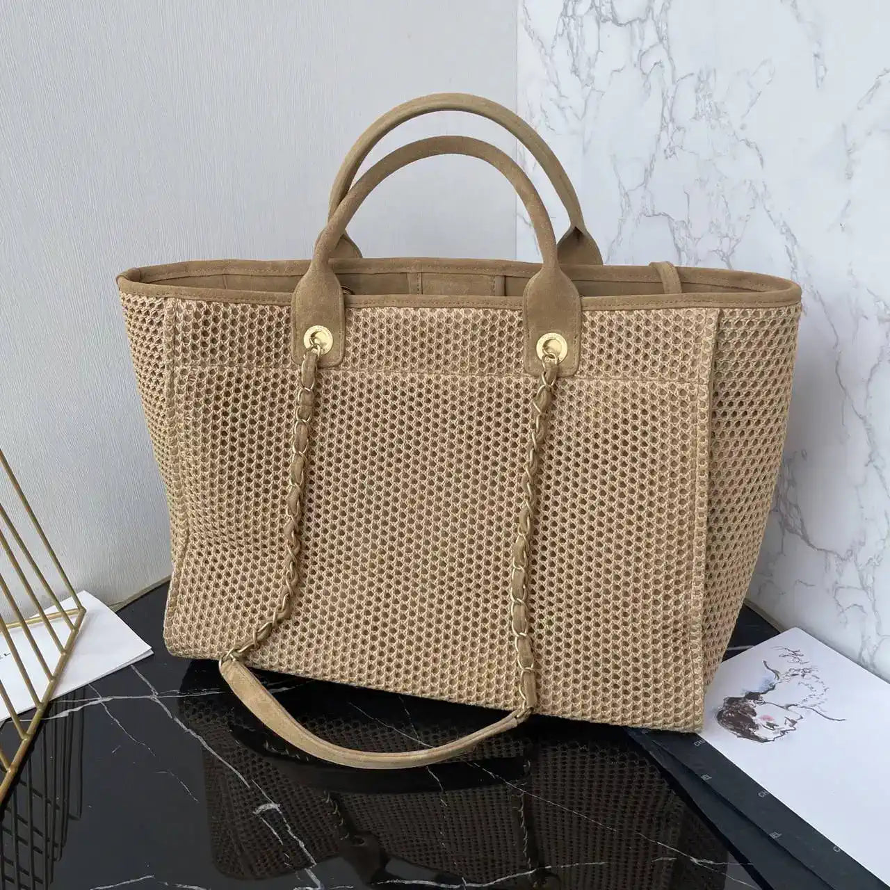 Chanel 25C A66941 Large Shopping Tote Raffia Beige