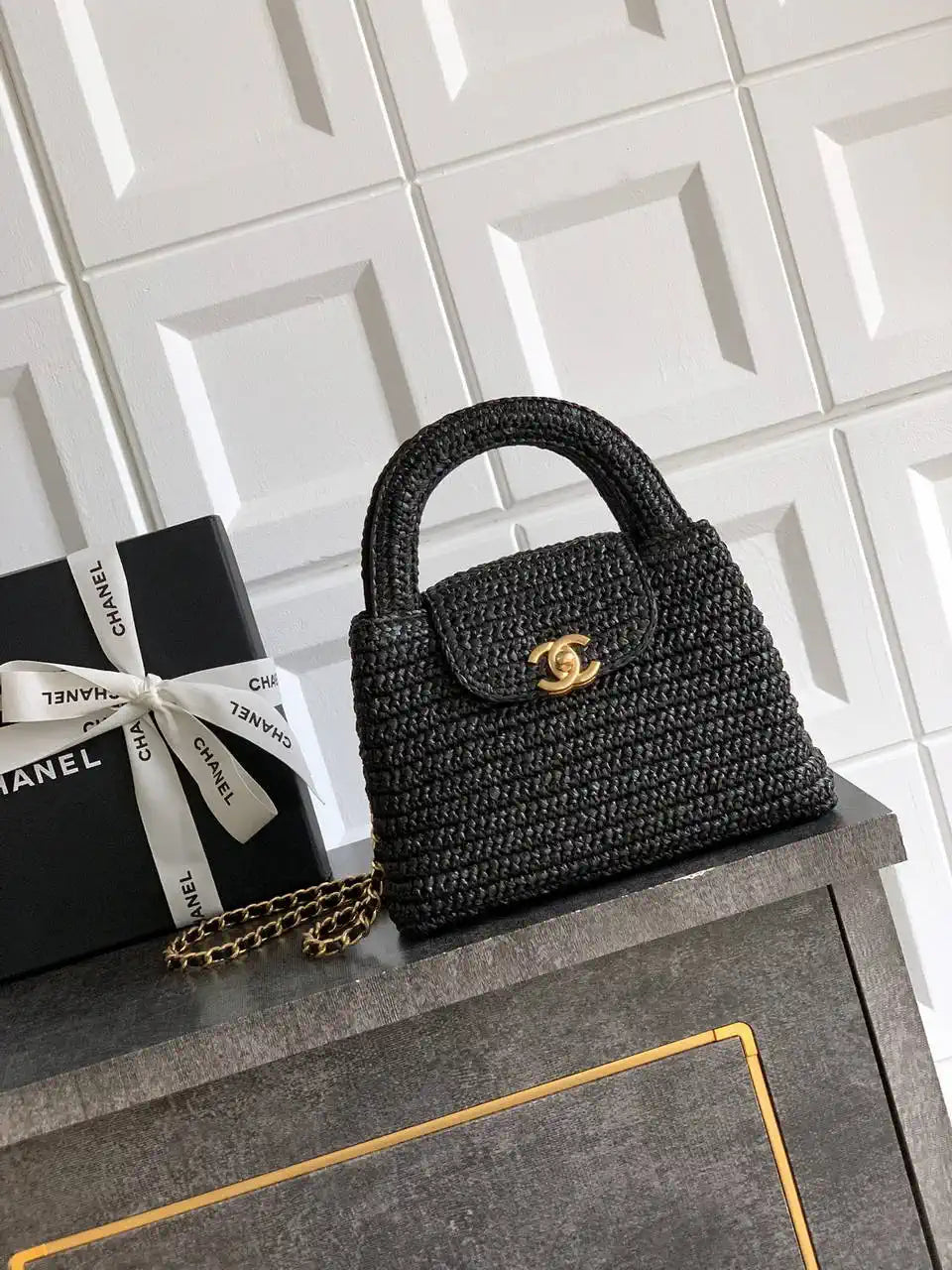 Chanel 25C AS4416 Mini Shopping Bag In Black Raffia And Calfskin