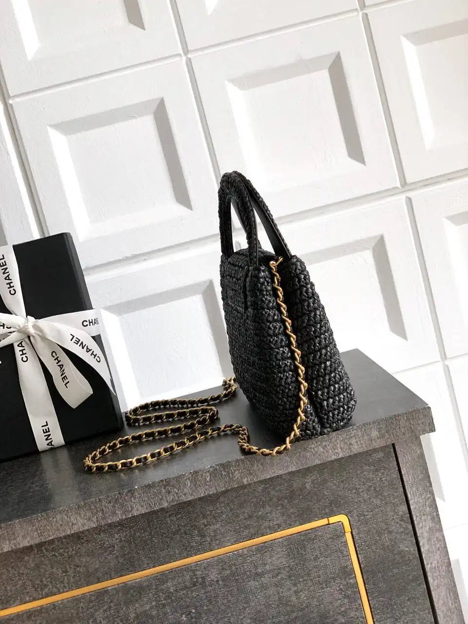Chanel 25C AS4416 Mini Shopping Bag In Black Raffia And Calfskin