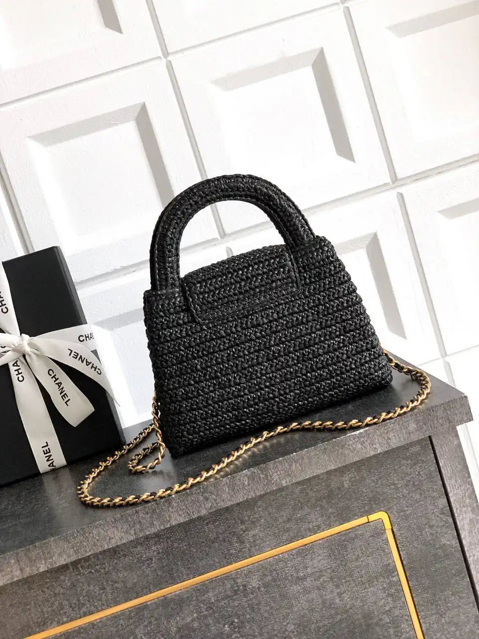 Chanel 25C AS4416 Mini Shopping Bag In Black Raffia And Calfskin