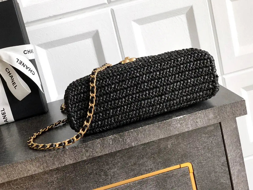 Chanel 25C AS4416 Mini Shopping Bag In Black Raffia And Calfskin
