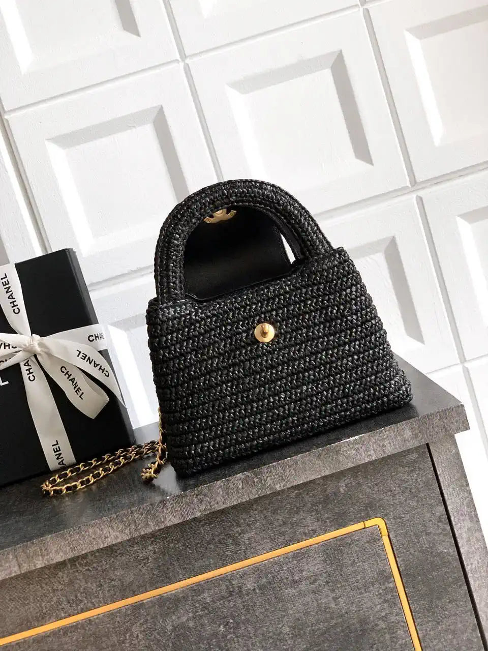 Chanel 25C AS4416 Mini Shopping Bag In Black Raffia And Calfskin