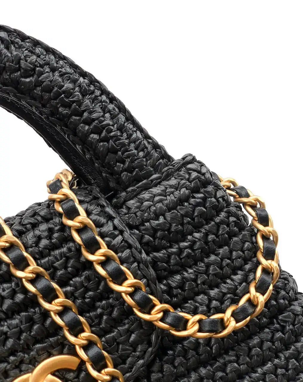 Chanel 25C AS4416 Mini Shopping Bag In Black Raffia And Calfskin
