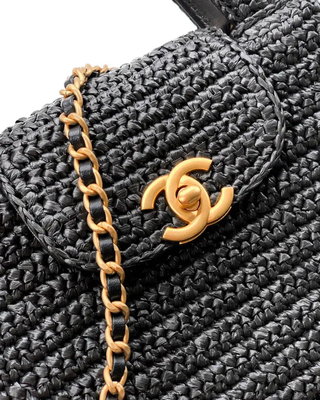 Chanel 25C AS4416 Mini Shopping Bag In Black Raffia And Calfskin