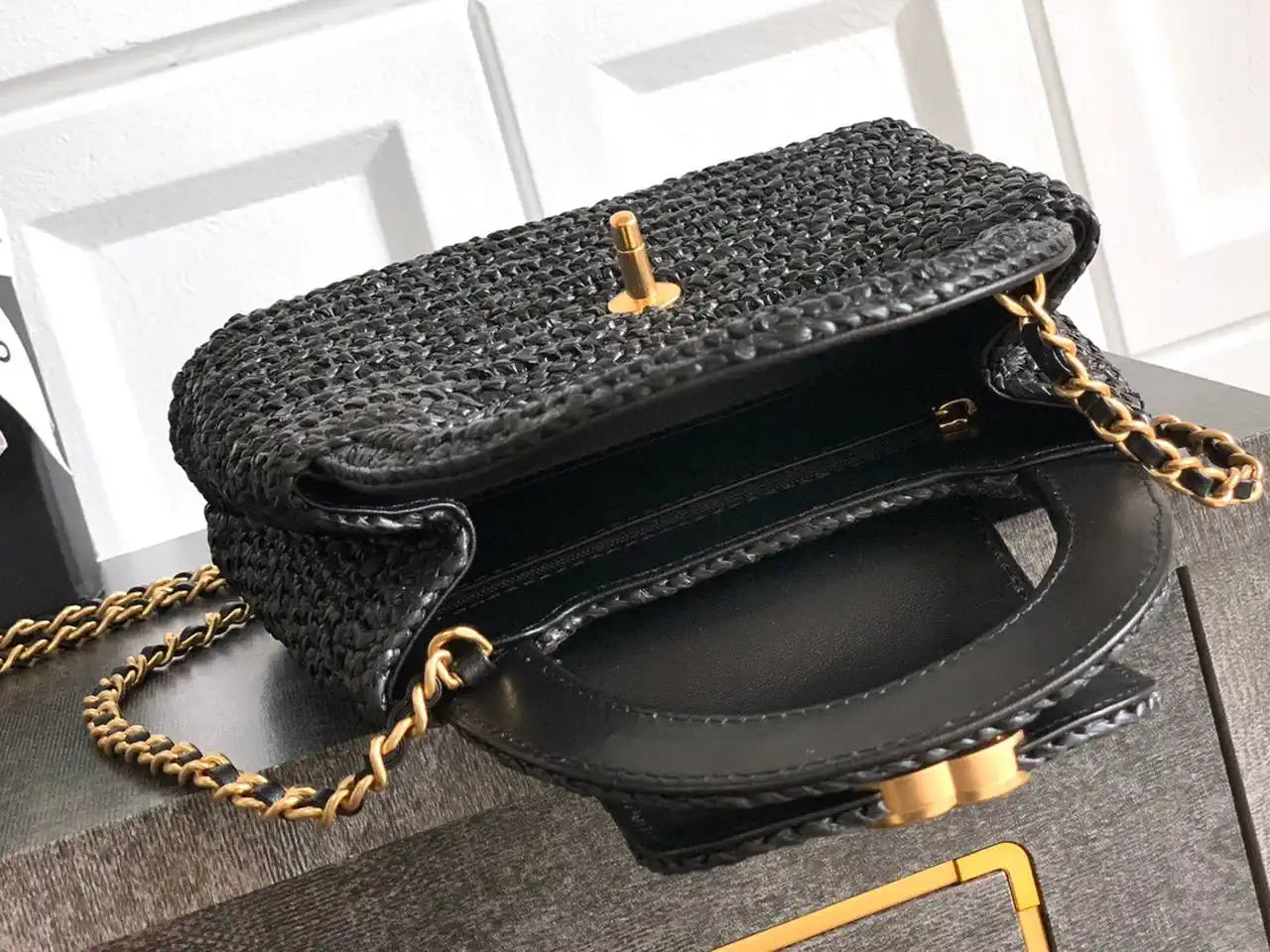 Chanel 25C AS4416 Mini Shopping Bag In Black Raffia And Calfskin